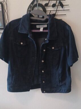 Chicos Platinum Denim Bling Button Short Sleeve 4 Pockets Jacket Stretch Size 2